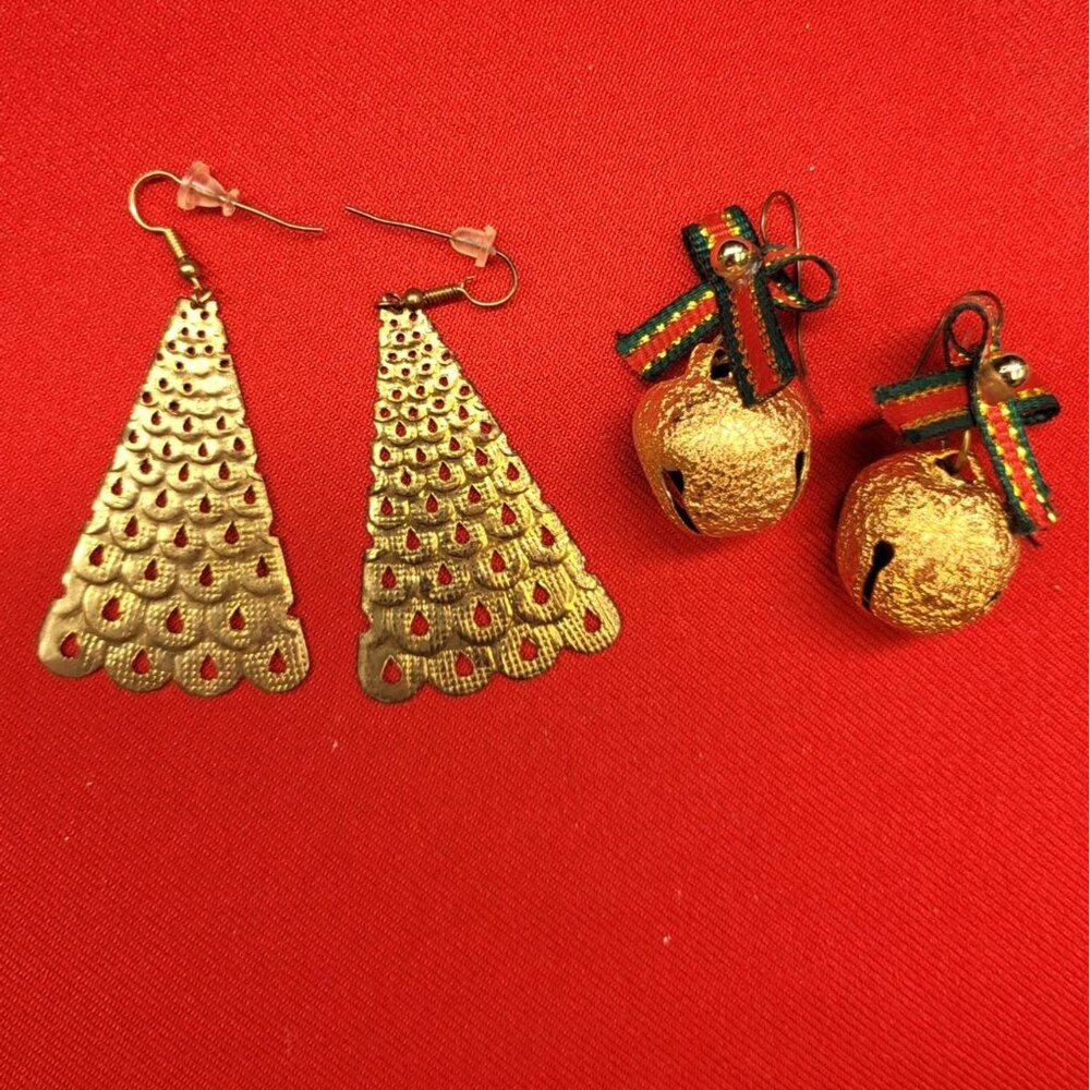 Christmas Dangling Earrings Golden Christmas Tree  Jingle Bell Set of 2